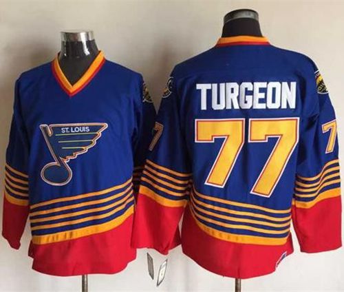 Blues #77 Pierre Turgeon Light Blue/Red CCM Throwback Stitched NHL Jersey - Click Image to Close